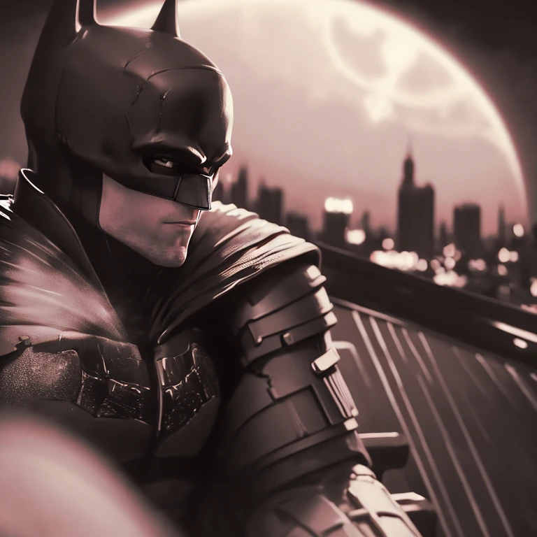 Batman eating ice cream sitting on a rooftop on a moonlit night