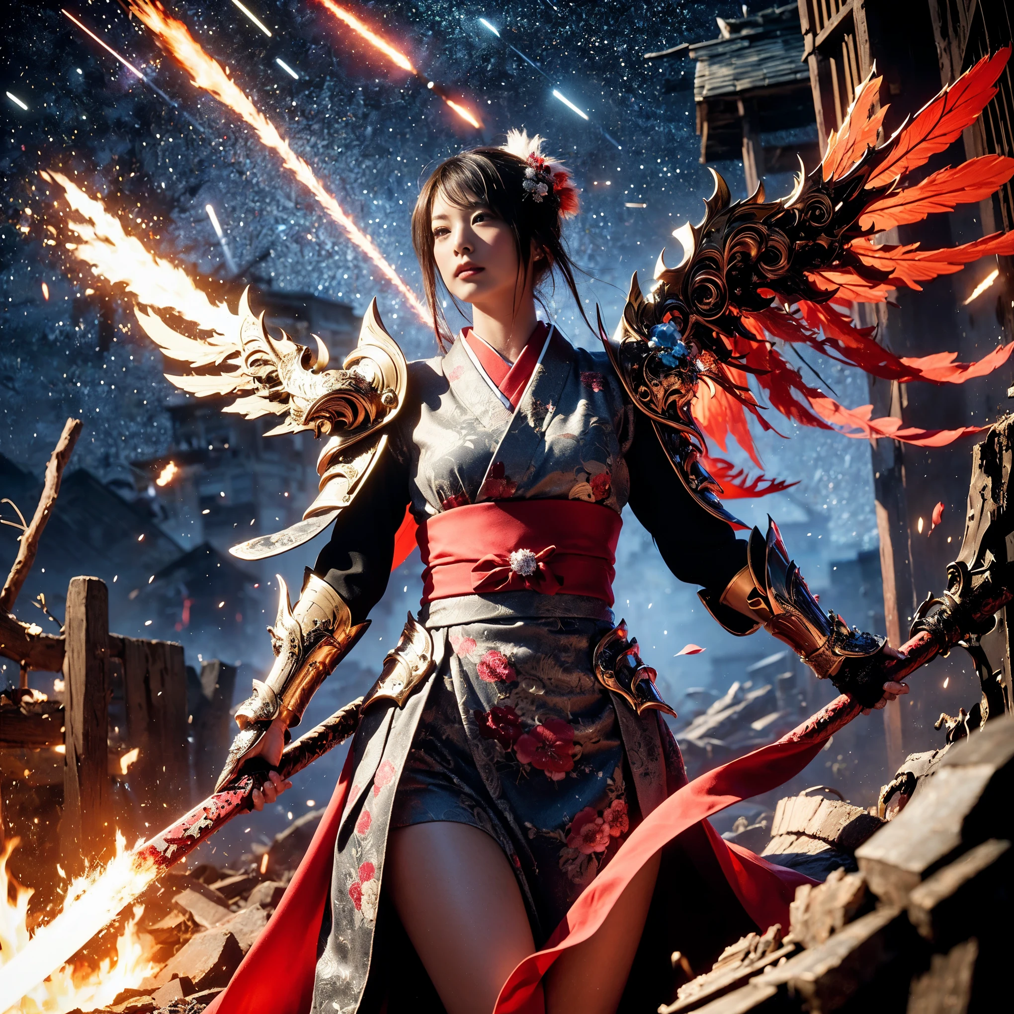 (((Realistic, masterpiece, best quality, crisp detail, high definition, high detail, very rich detail, sharp focus, sharp detail, colorful, rich color, perfect studio lightning))), ((20 years old, japanese goddess of fire, kasumi arimura)) in the molten lava flood, wearing (((beautiful decorated golden heavy armor, phoenix armor, phoenix pinions, decorated full body armor, fully armored beautiful kimono, wide phoenix fire wings, blue aura))), (flying, floating, offensive stance, hands of fire, fire swords, blood scattered face, blood tears, blood bath, blood shed), (((fire everywhere, blood everywhere, death everywhere, japan bakumatsu period, dead bodies,carcass,burned japanese castle,hellish,chaos, hell fire, exploding volcano, meteor shower)) destroyed traditional village background), shot from below