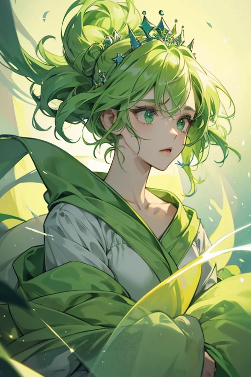 Ghost Princess 2 is a dull green color. She has a spiky tiara that floats above her head. She appears to be wearing a yellowish green robe. Her hair is spiky and cast upwards in a floating like appearance, and is also the same light green color as her skin. SPARKLE; GLITTER