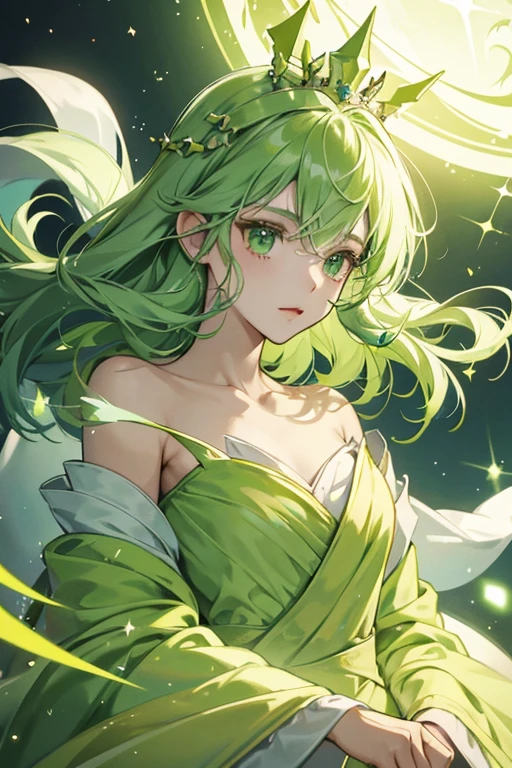Ghost Princess 2 is a dull green color. She has a spiky tiara that floats above her head. She appears to be wearing a yellowish green robe. Her hair is spiky and cast upwards in a floating like appearance, and is also the same light green color as her skin. SPARKLE; GLITTER