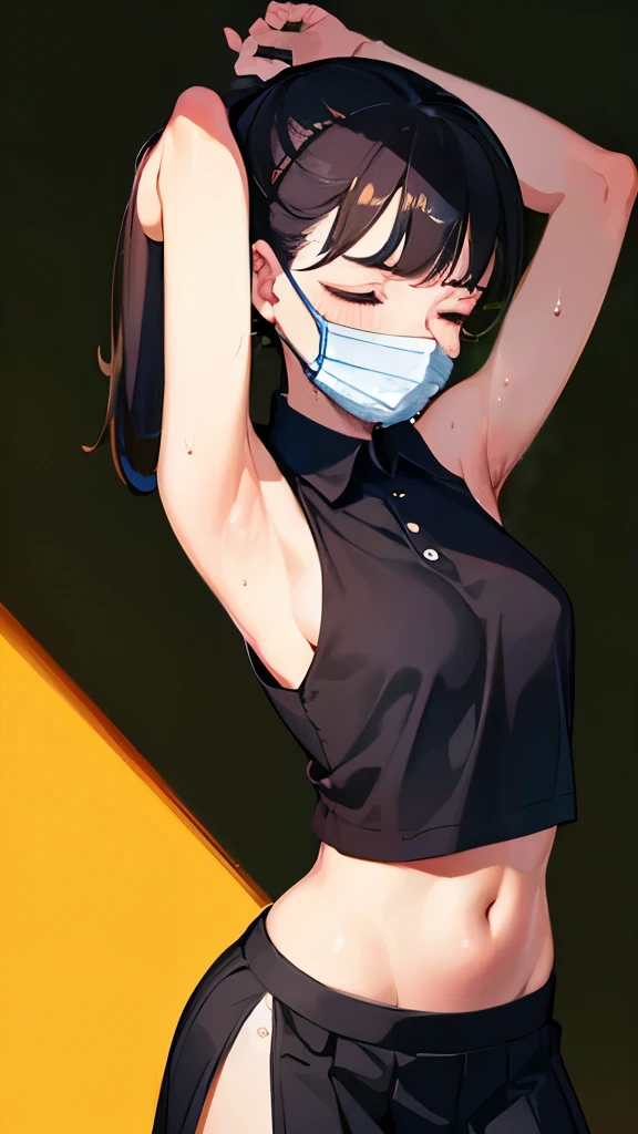 ((best quality)), ((masterpiece)), (detailed), perfect face slim and thin young teenage girl wearing sleeveless black polo shirt and short black skirt, wearing black face mask, arms up, showing her sweaty armpits, sweat on armpits, closed eyes, short ponytail hair