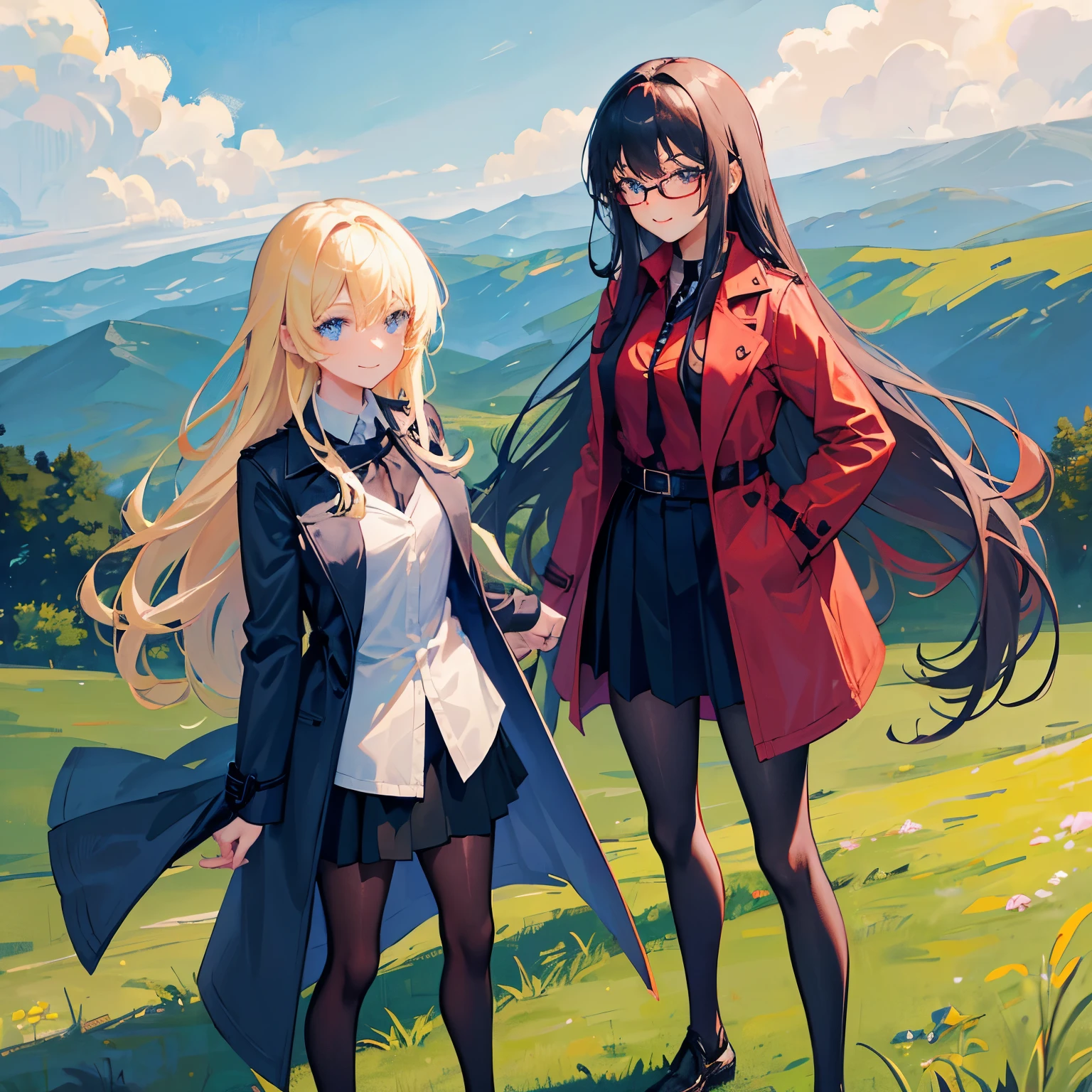 2girls, first girl black straight long hair, firts girl Blue eyes, ( first girldetailed face), full body, (( first girlintense blue trench coat)), medieval, (grassland background),masterrpiece, first girl black pants, ( first girl cute face), second girl red eyes,second girl blonde hair,second girl long hair,second girl straight hair,second girl red shirt, second girl black tie,second girl black elegant vests, second girl black skirt, second girl pantyhose, second girl black glasses, second girl smile,  second girl cute smile