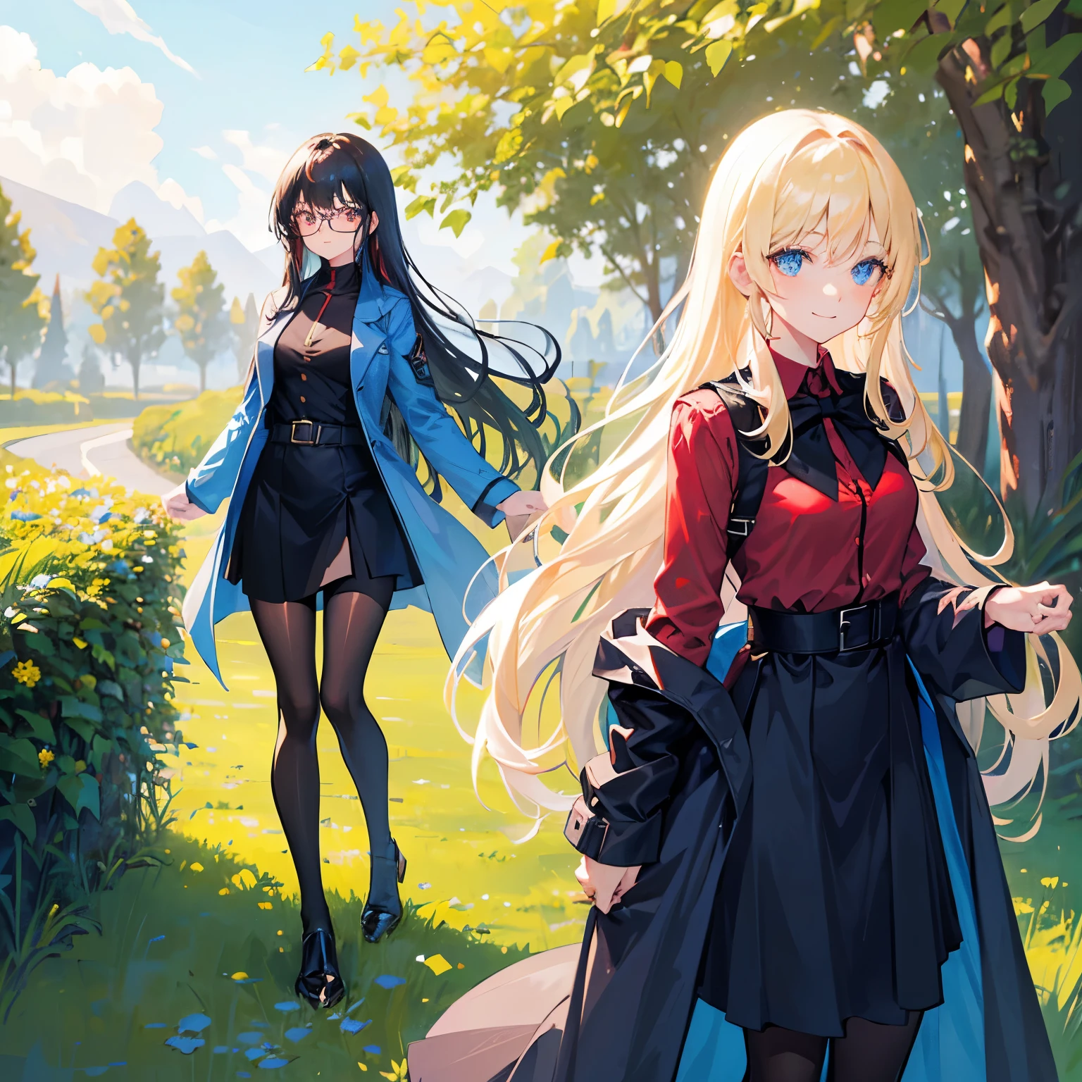 2girls, first girl black straight long hair, firts girl Blue eyes, ( first girldetailed face), full body, (( first girlintense blue trench coat)), medieval, (grassland background),masterrpiece, first girl black pants, ( first girl cute face), second girl red eyes,second girl blonde hair,second girl long hair,second girl straight hair,second girl red shirt, second girl black tie,second girl black elegant vests, second girl black skirt, second girl pantyhose, second girl black glasses, second girl smile,  second girl cute smile