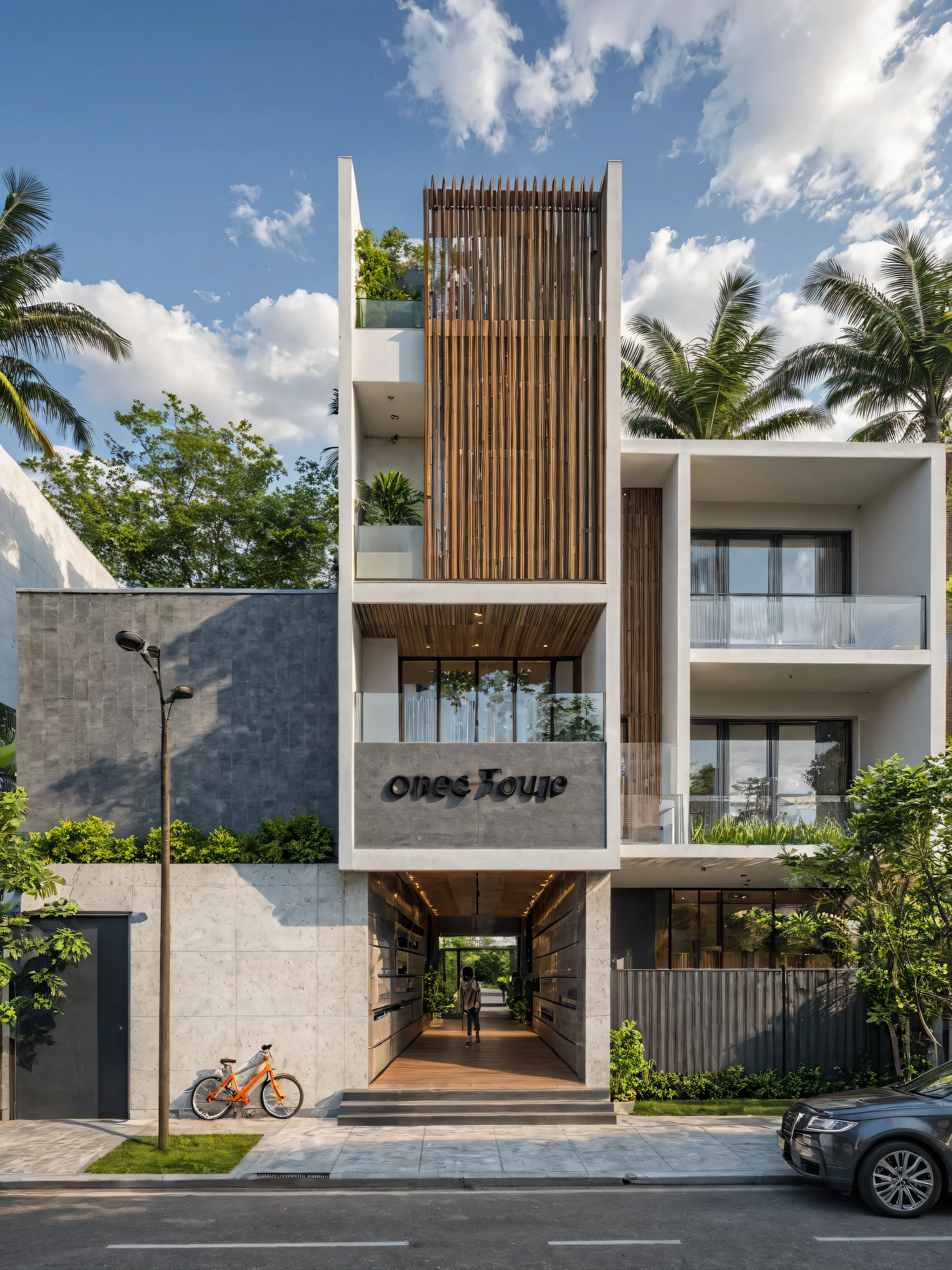 Masterpiece, high quality, best quality, authentic, super detail, outdoors, onestoreyvillaXL, aiaigroup, house style modern on the street ,stairs, white wall ,road,pavement, grass, trees, sky, cloud, (daylight:1.1)
