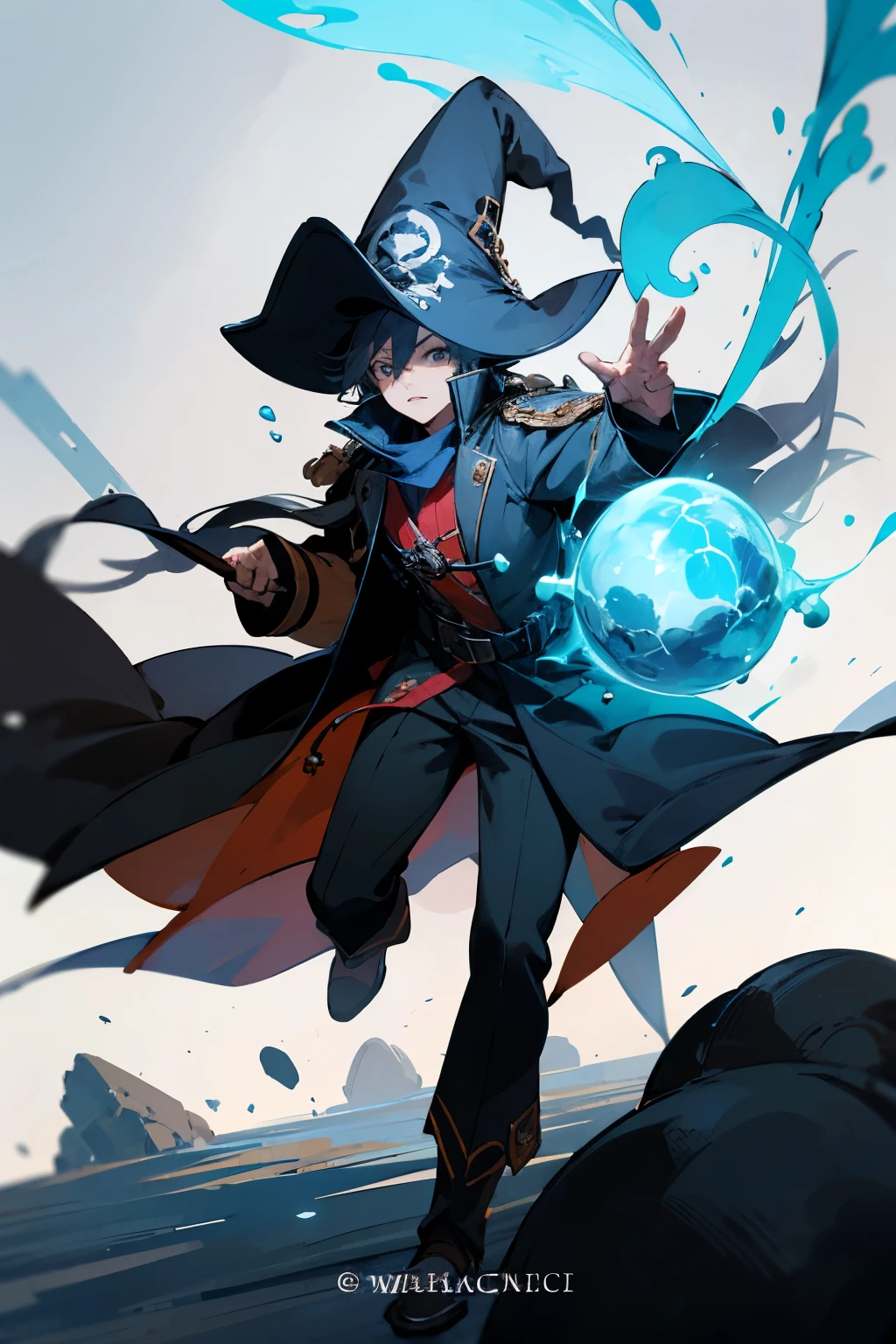 Anime Male mage from a fantasy world that is run by sciencie, therefore the magic is just science, it has a massive witch hat and a black pirate outfit with a scientist coat over the pirate outfit.