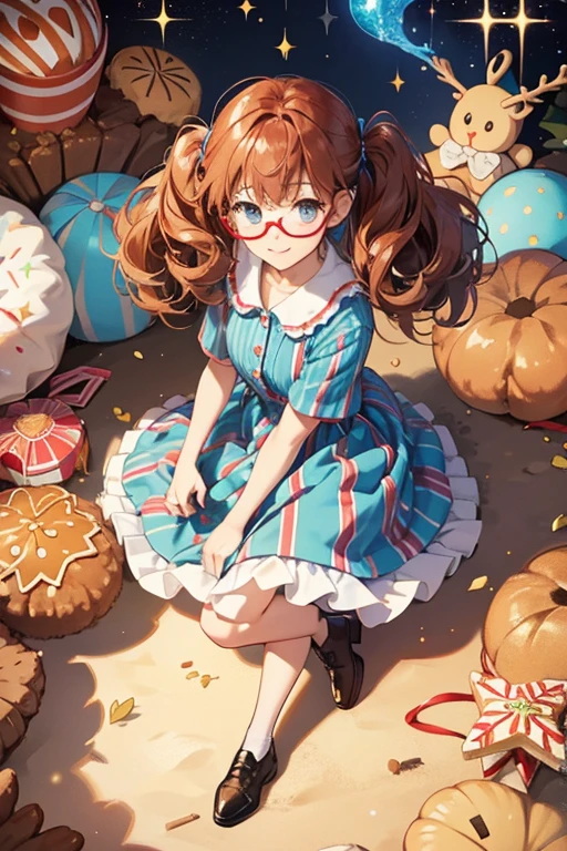 Her hair is curlier, puffier, and a little longer than Gingerbread Muto's hair. She also wears glasses, a red and blue striped shirt (as opposed to the red and blue buttons Gingerbread Muto has), and what seem to be brown shoes. SPARKLE; GLITTER