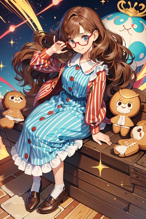 Her hair is curlier, puffier, and a little longer than Gingerbread Muto's hair. She also wears glasses, a red and blue striped shirt (as opposed to the red and blue buttons Gingerbread Muto has), and what seem to be brown shoes. SPARKLE; GLITTER