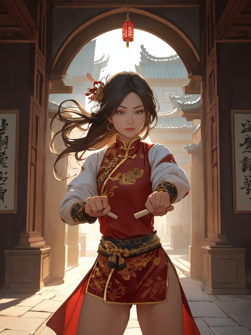 (best quality,4k,8k,highres,masterpiece:1.2),ultra-detailed,(realistic,photorealistic,photo-realistic:1.37),dark atmosphere,traditional Chinese martial arts,female master,long-haired,traditional Chinese costume,clenching fists with determination,showcasing the form of martial arts,dynamic posing,sword dance arena,gathering of martial artists,-focused and intense expressions,enduring physical training,strong and sculpted bodies,swift and precise movements,ancient Chinese architecture,elaborately carved pillars and roofs,soft and warm lighting,vibrant red and gold color scheme,clouds of incense filling the air,multiple layers of flowing silk,sense of anticipation and energy in the air,audience watching in awe and admiration,tranquil yet powerful presence of the female master,surrounded by a subtle aura of mystique,cherished heritage and deep-rooted tradition,proudly representing the essence of Chinese culture.