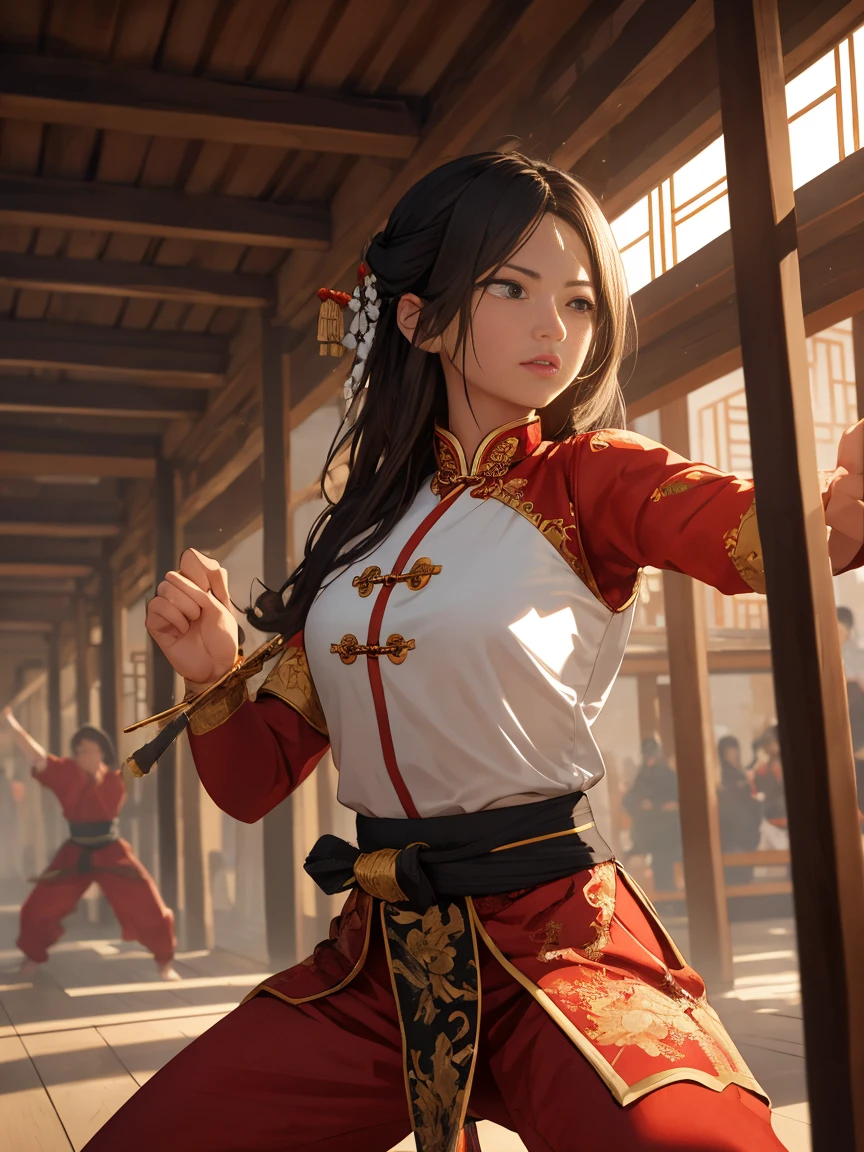 (best quality,4k,8k,highres,masterpiece:1.2),ultra-detailed,(realistic,photorealistic,photo-realistic:1.37),dark atmosphere,traditional Chinese martial arts,female master,long-haired,traditional Chinese costume,clenching fists with determination,showcasing the form of martial arts,dynamic posing,sword dance arena,gathering of martial artists,-focused and intense expressions,enduring physical training,strong and sculpted bodies,swift and precise movements,ancient Chinese architecture,elaborately carved pillars and roofs,soft and warm lighting,vibrant red and gold color scheme,clouds of incense filling the air,multiple layers of flowing silk,sense of anticipation and energy in the air,audience watching in awe and admiration,tranquil yet powerful presence of the female master,surrounded by a subtle aura of mystique,cherished heritage and deep-rooted tradition,proudly representing the essence of Chinese culture.