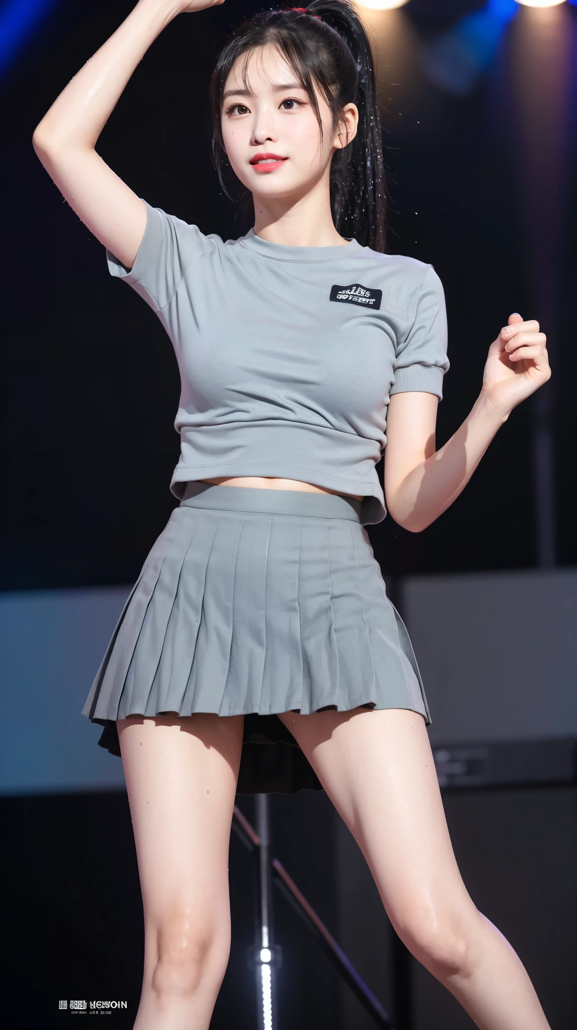 (8K), (highest quality: 1.2), (realistic), (realistic: 1.47), ultra high resolution, 1 girl, cute, smile, closed mouth, (thick lips:1.2),red lip,(purse your lips),beautiful details, beautiful nose,sweaty face,(Straight shiny black hair),(With a black ribbon on her head),(ponytail hair),Stand on the concert stage,hold the microphone in the right hand,Bend your elbows and raise your hands,(Grey Oversized,long length,trainer:1.2),(Khaki brown pleated micro mini skirt:1.1),The length of the trainer is long,The skirt is half covered by the trainer,(Wet thighs close up:1.2),(knees),(black socks:1.1),(super low angle:1.2),(medium shot),