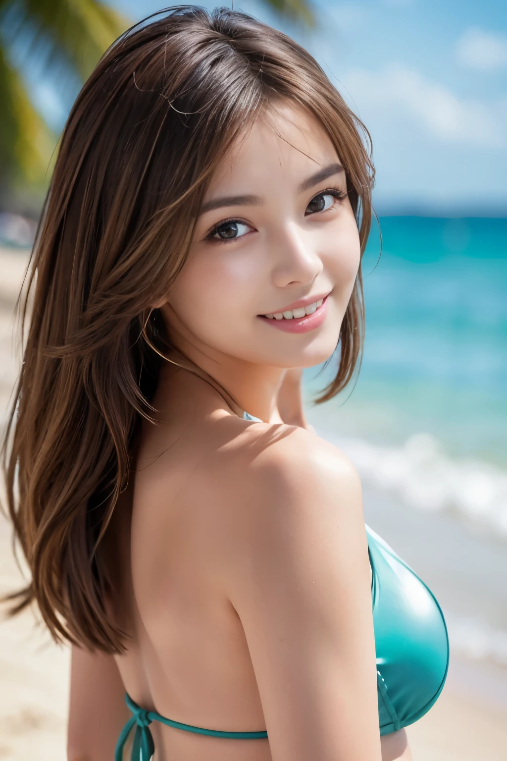 1 beautiful woman, photorealistic, ultra detailed, high resolution, 8K wallpaper, light brown hair, South Sea beach, sexy and bold swimsuit, cute big ass, sharp focus, perfect dynamic composition, realistic and finely drawn beautiful eyes, finely drawn hair, fine and realistic skin texture, smiling, close-up portrait, model body shape