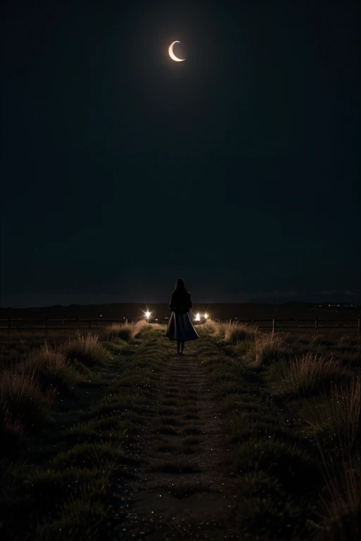 Escena Nocturna y Solitaria: Represents a night landscape with elements that symbolize loneliness and the search for love. Puedes incluir una figura solitaria caminando en la oscuridad.