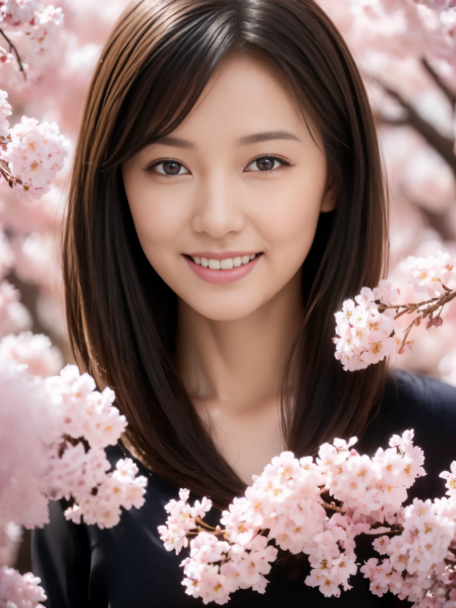 ((highest quality, 8K, masterpiece: 1.3)), tall and beautiful woman, perfect figure: 1.4, dark brown hairstyle, short hair, yoga pants, without changing your posture, standing up straight, Highly detailed face and skin texture, fine eyes, double eyelid, smile、With cherry blossoms in full bloom in the background