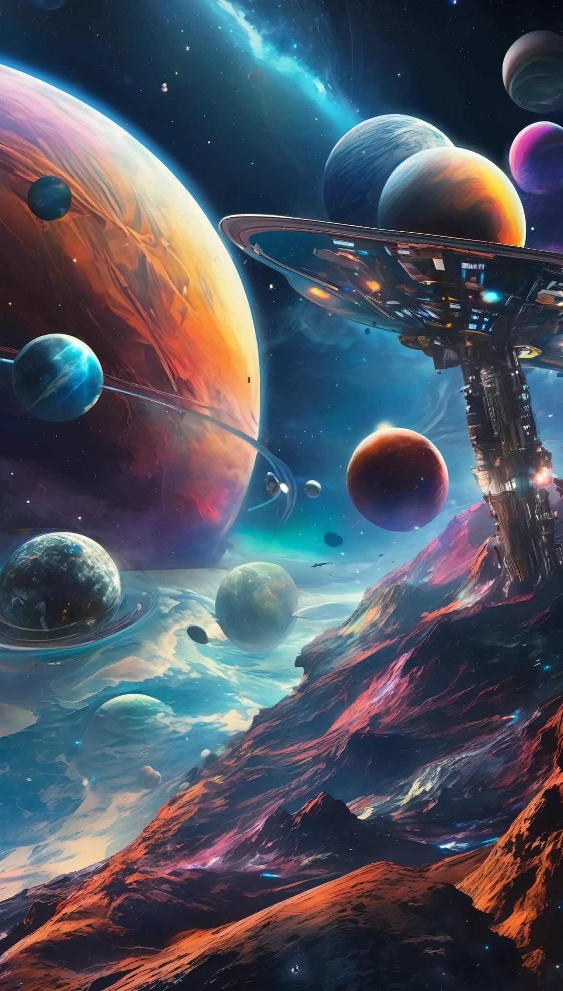Realistic, spatial, futuristic, colorful outer space