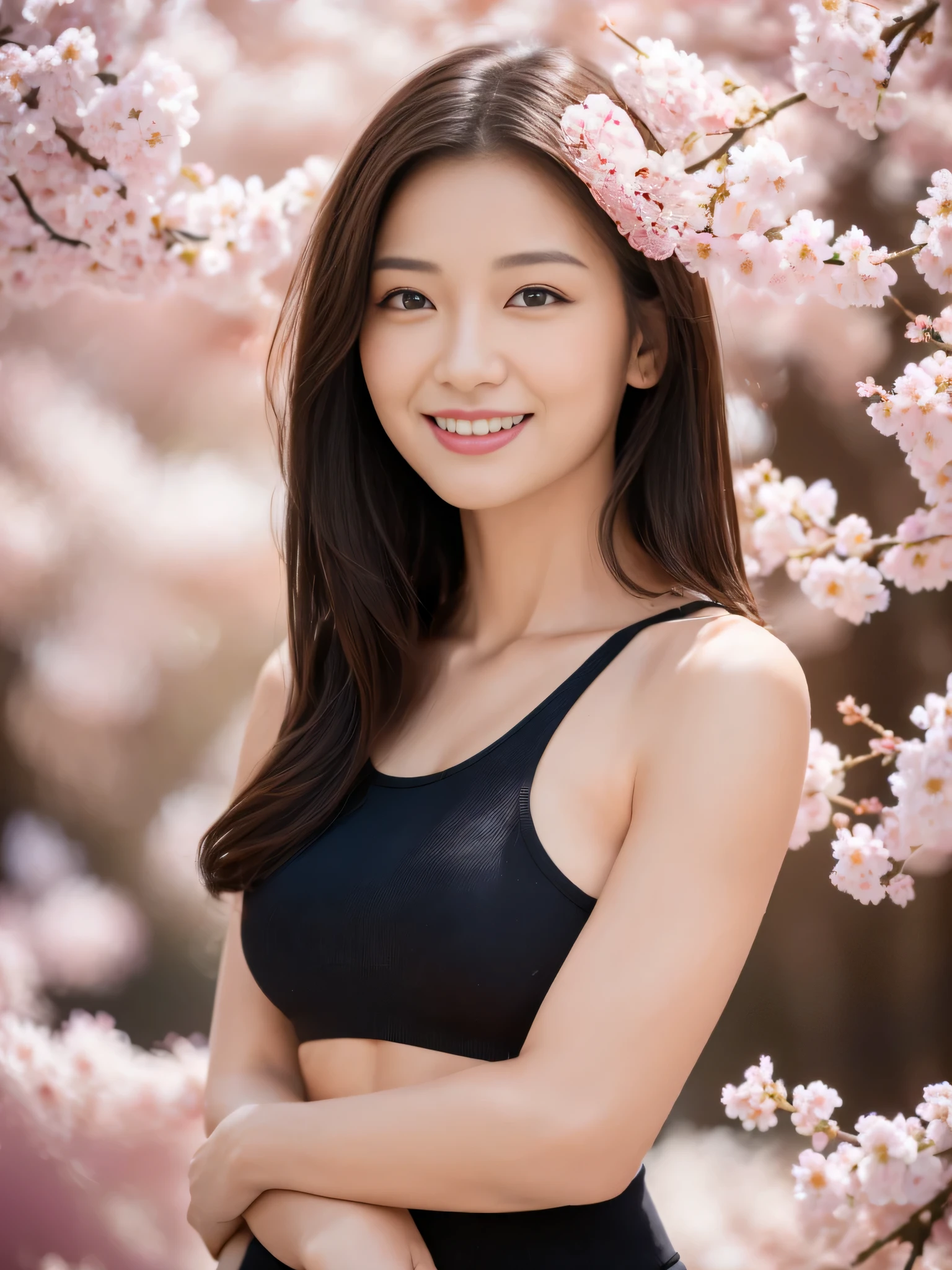 ((highest quality, 8K, masterpiece: 1.3)), tall and beautiful woman, perfect figure: 1.4, dark brown hairstyle, short hair, yoga pants, without changing your posture, standing up straight, Highly detailed face and skin texture, fine eyes, double eyelid, smile、With cherry blossoms in full bloom in the background