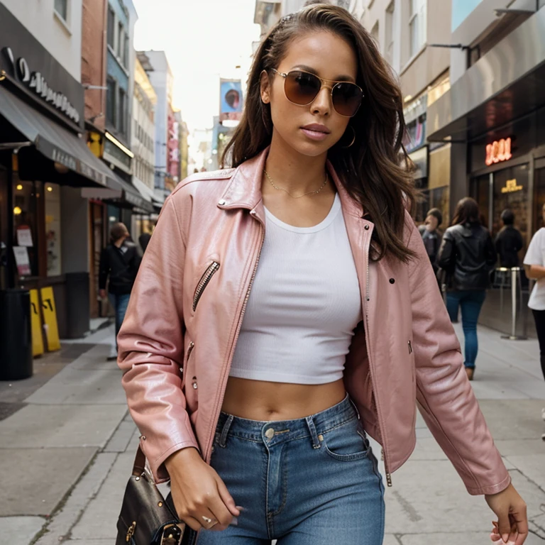 Alicia Keys dressed in pink leather jacket and jeans and sunglasses