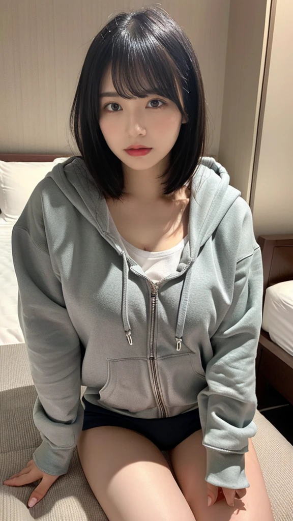 muste piece, best quality, illustration, Super detailed, fine details, High resolution, 8K,wall paper, perfect dynamic composition,(Details High quality, realistic depiction of eyes:1.3), (Oversized Light Gray Hoodie:1.2), Erotic Shorts, big breasts, short bob hair、black hair color, Big Natural Color Lip, bold sexy pose, (perfect body shape), crying a little、cold gaze, Harajuku style、20 year old girl、cute type、****ta、beautiful legs, hotel room, gravure idol