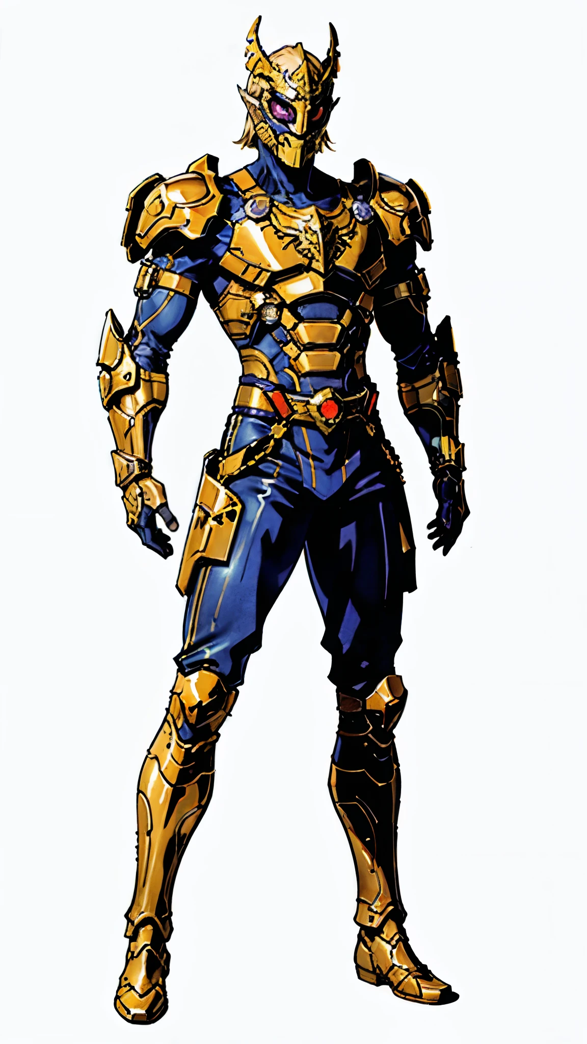 A man with short golden hair slicked back, his face entirely obscured by a Dynastinae concept mask, full mask, cold gaze, clad in an indigo blue fantasy-style Dynastinae concept chest plate, his arms and legs are clad in matching armor, he wears a white undershirt and trousers with golden stripes, standing within a magnificent fantasy-style palace, this character embodies a finely crafted fantasy-style masked light armor warrior in anime style, exquisite and mature manga art style, high definition, best quality, highres, ultra-detailed, ultra-fine painting, extremely delicate, professional, perfect body proportions, golden ratio, anatomically correct, symmetrical face, extremely detailed eyes and face, high quality eyes, creativity, RAW photo, UHD, 32k, Natural light, cinematic lighting, masterpiece-anatomy-perfect, masterpiece:1.5