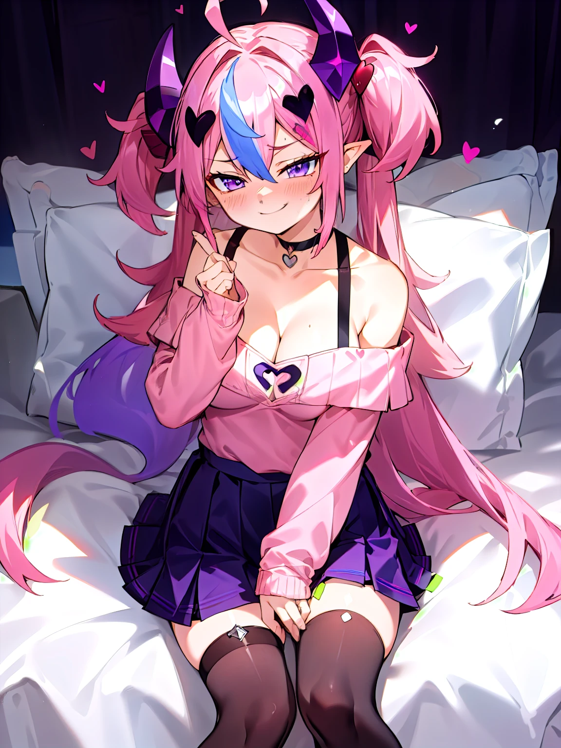 ironmouse, pink hair, streaked hair, two side up, long hair, purple eyes, demon tail, demon horns, choker, heart ahoge, heart hair ornament, off shoulder, long sleeves, pleated skirt, thighhighs, thigh strap, pink sweater, large breasts, cleavage, sitting, smirk, smug, clenched hand, masterpiece, best quality