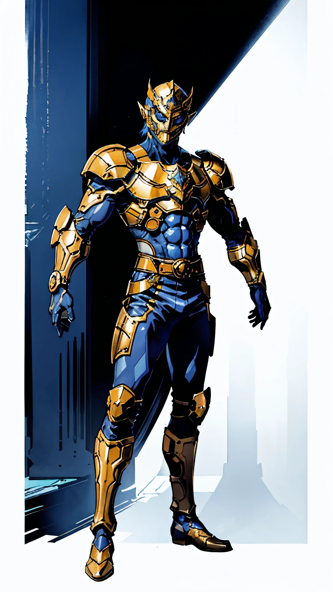 A man with short golden hair slicked back, his face entirely obscured by a Dynastinae concept mask, full mask, cold gaze, clad in an indigo blue fantasy-style Dynastinae concept chest plate, his arms and legs are clad in matching armor, he wears a white undershirt and trousers with golden stripes, standing within a magnificent fantasy-style palace, this character embodies a finely crafted fantasy-style masked light armor warrior in anime style, exquisite and mature manga art style, high definition, best quality, highres, ultra-detailed, ultra-fine painting, extremely delicate, professional, perfect body proportions, golden ratio, anatomically correct, symmetrical face, extremely detailed eyes and face, high quality eyes, creativity, RAW photo, UHD, 32k, Natural light, cinematic lighting, masterpiece-anatomy-perfect, masterpiece:1.5