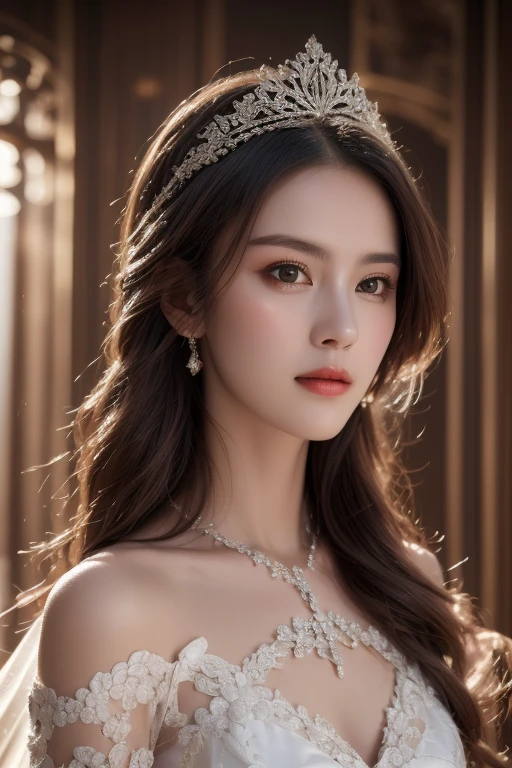 1 girl,alone,medium breasts,(full body:1.3),Luani 0261,off shoulder dress,pearl \(gem\),tiara,veil,Wedding dress,, fine eyes, (detailed face), (portrait), (Tilt your head up), 
(((The call of beauty, great art, 
amazing colors))) ,Professional Lighting 1.5、White background 1.5、 ((great scene)) ,(((realistic))) , (masterpiece, 最high quality), intricate details, realistic, photorealistic, perfect structure, masterpiece,, natural skin,fine skin pores (long hair), oily skin, Scattered beneath the surface, Taken with a movie camera, soft lighting, high quality, 最high quality, masterpiece, best photo, Lovely, amazing