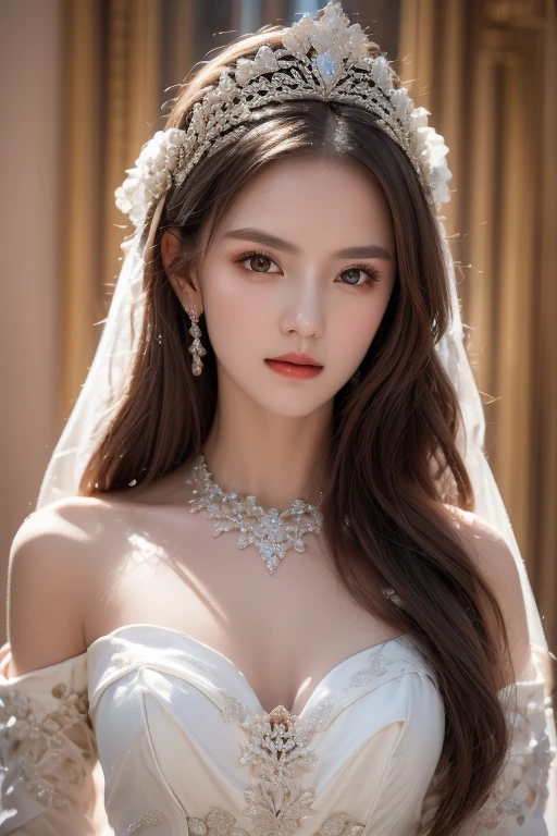 1 girl,alone,medium breasts,(full body:1.3),Luani 0261,off shoulder dress,pearl \(gem\),tiara,veil,Wedding dress,, fine eyes, (detailed face), (portrait), (Tilt your head up),
(((The call of beauty, great art,
amazing colors))) ,Professional Lighting 1.5、White background 1.5、 ((great scene)) ,(((realistic))) , (masterpiece, 最high quality), intricate details, realistic, photorealistic, perfect structure, masterpiece,, natural skin,fine skin pores (long hair), oily skin, Scattered beneath the surface, Taken with a movie camera, soft lighting, high quality, 最high quality, masterpiece, best photo, Lovely, amazing