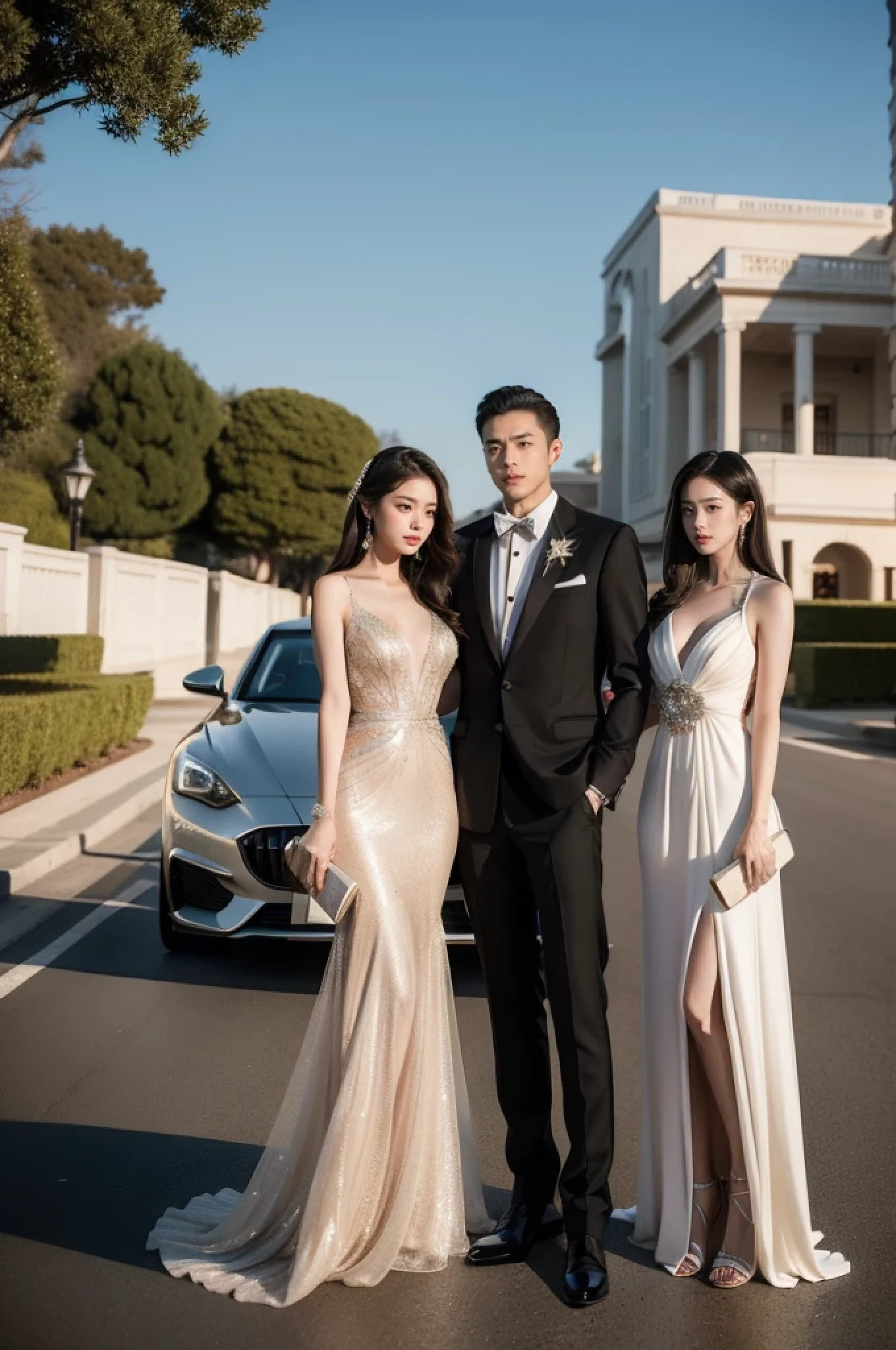 arafed couple and two women standing in front of a car, formal attire, wearing a formal dress, luxury lifestyle, wearing an evening gown, high - end fashion photoshoot, formal wear, wearing fantasy formal clothing, luxury dress, wearing an elegant dress, luxurious wedding, & jeehyung lee & wlop, elegant evening gowns!, environmental shot, evening formal robes