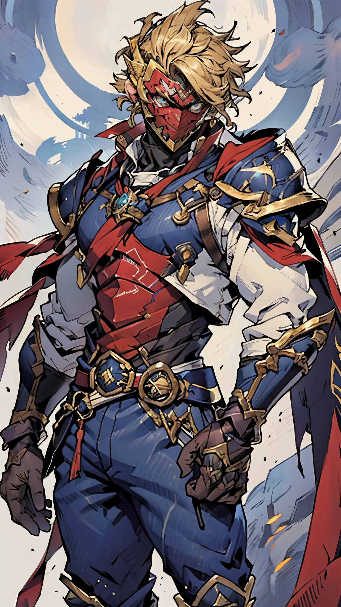 A man with short golden hair slicked back, his face entirely obscured by a Dynastinae concept mask, full mask, cold gaze, clad in an indigo blue fantasy-style Dynastinae concept chest plate, his arms and legs are clad in matching armor, he wears a white undershirt and trousers with golden stripes, standing within a magnificent fantasy-style palace, this character embodies a finely crafted fantasy-style masked light armor warrior in anime style, exquisite and mature manga art style, high definition, best quality, highres, ultra-detailed, ultra-fine painting, extremely delicate, professional, perfect body proportions, golden ratio, anatomically correct, symmetrical face, extremely detailed eyes and face, high quality eyes, creativity, RAW photo, UHD, 32k, Natural light, cinematic lighting, masterpiece-anatomy-perfect, masterpiece:1.5