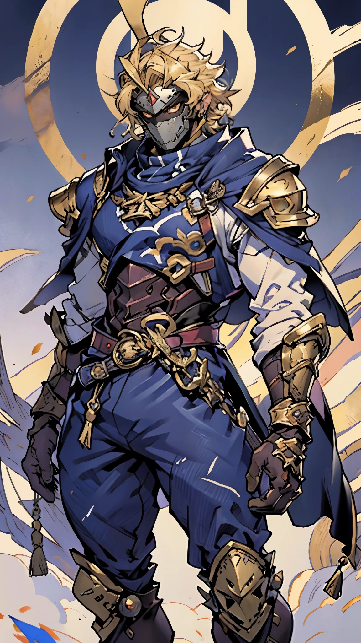 A man with short golden hair slicked back, his face entirely obscured by a Dynastinae concept mask, full mask, cold gaze, clad in an indigo blue fantasy-style Dynastinae concept chest plate, his arms and legs are clad in matching armor, he wears a white undershirt and trousers with golden stripes, standing within a magnificent fantasy-style palace, this character embodies a finely crafted fantasy-style masked light armor warrior in anime style, exquisite and mature manga art style, high definition, best quality, highres, ultra-detailed, ultra-fine painting, extremely delicate, professional, perfect body proportions, golden ratio, anatomically correct, symmetrical face, extremely detailed eyes and face, high quality eyes, creativity, RAW photo, UHD, 32k, Natural light, cinematic lighting, masterpiece-anatomy-perfect, masterpiece:1.5