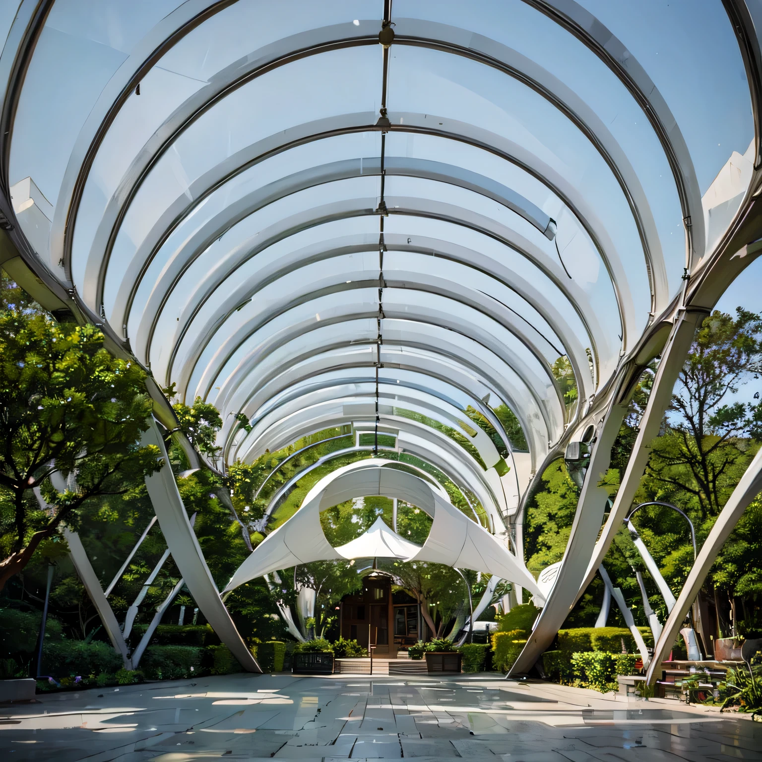 arafed walkway with a white canopy and a stone floor, Curved geometric arches, steel archways, architectural photography, architectural photography, High quality architectural art, by Zha Shibiao, norman foster style, white arch, canopy, curved perspective, surreal canopy, Fine and delicate structure, Photos taken with Sony a7r