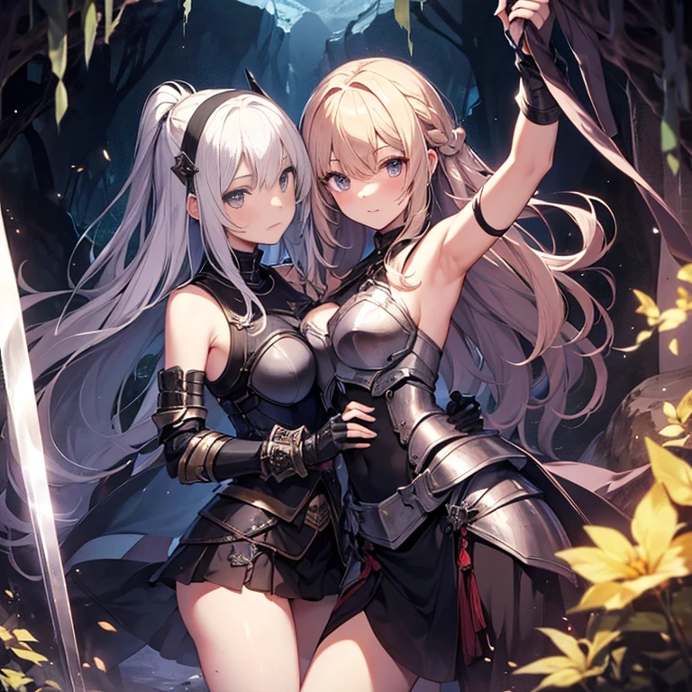 A group of young female knight, (inside dark cave), various hair styles, harem, wearing armored clothes, metal armor, night, details face, , short skirt, seducing, sword, sleeveless , showing armpits, erotic 