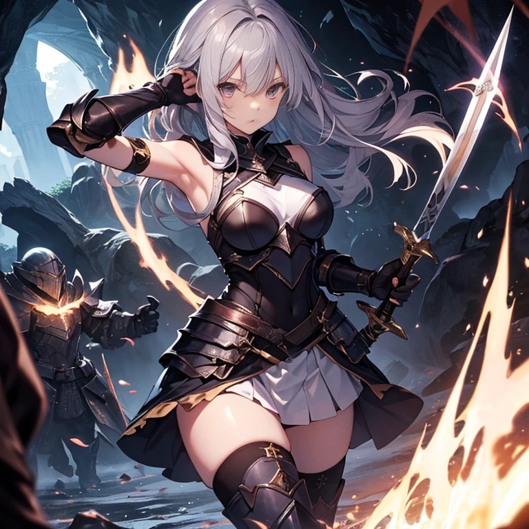 A group of young female knight, (inside dark cave), various hair styles, harem, wearing armored clothes, metal armor, night, details face, , short skirt, seducing, sword, sleeveless , showing armpits, erotic