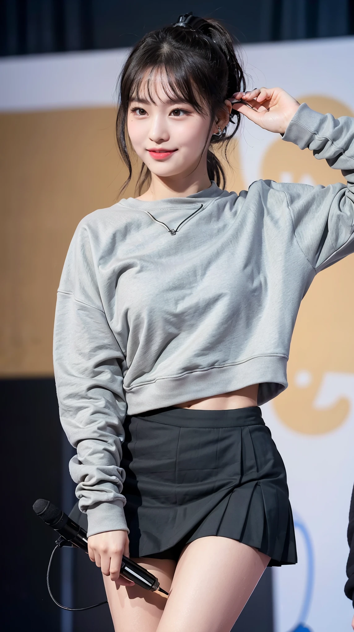(8K), (highest quality: 1.2), (realistic), (realistic: 1.47), ultra high resolution, 1 girl, cute, smile, closed mouth, (thick lips:1.2),red lip,(Purse your mouth),beautiful details, beautiful nose,sweat on face,(Straight shiny black hair),(With a black ribbon on her head),(ponytail hair),Standing on the concert stage,hold the microphone in your right hand,Bend your elbows and raise your hands,(Grey oversized,Long length,sweatshirt:1.2),(Khaki brown pleated micro mini skirt:1.1),The length of the sweatshirt is long,(The skirt is half covered by the sweatshirt),(Close up on wet thighs:1.2),(knees),(black socks:1.1),(super low angle:1.2),(medium shot),