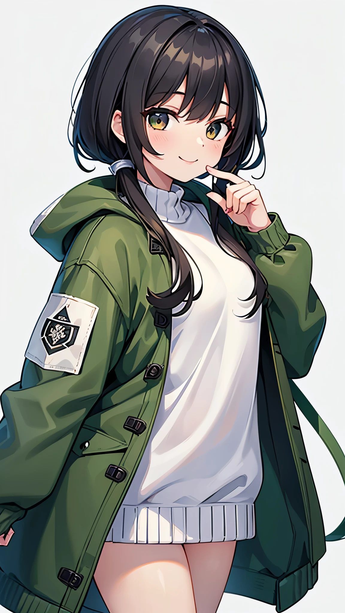One girl vtuber model , black hair , black eyes , ((white sweater、wear a green jacket)), smile , high quality , extra detailed , rendered, white background