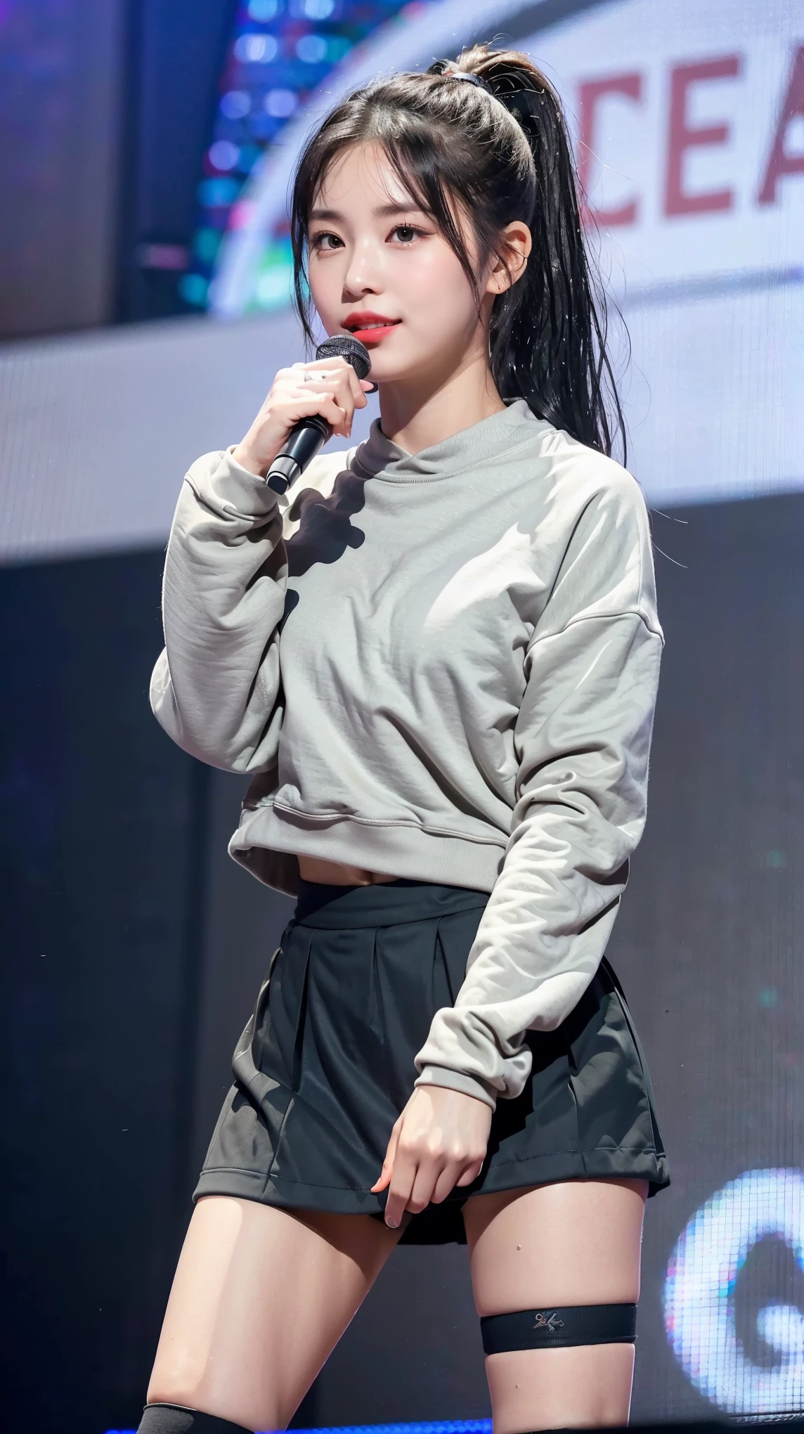 (8K), (highest quality: 1.2), (realistic), (realistic: 1.47), ultra high resolution, 1 girl, cute, smile, closed mouth, (thick lips:1.2),red lip,(Purse your mouth),beautiful details, beautiful nose,sweat on face,(Straight shiny black hair),(With a black ribbon on her head),(ponytail hair),Standing on the concert stage,hold the microphone in your right hand,Bend your elbows and raise your hands,(Grey oversized,Long length,sweatshirt:1.2),(Khaki brown pleated micro mini skirt:1.1),The length of the sweatshirt is long,(The skirt is half covered by the sweatshirt),(Close up on wet thighs:1.2),(knees),(black socks:1.1),(super low angle:1.2),(medium shot),