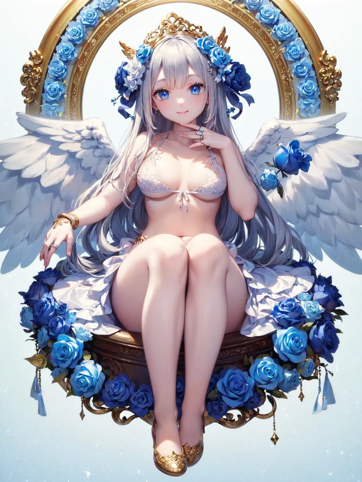 Showing from head to toe、((If the background is(Round, golden, intricately detailed picture frame)))、(((Intricately detailed angel hi-lo)))、(((Flying in the sky)))、a smile、raphaël、6Angel wings in pieces、beautiful blue sky、(((Beautifully decorated angel ring))), (((A beautiful Blue eyes)))、(((Feathered Girl)))、(((Blue Rose)))、(((Angel Halo)))、Cystate gray hair、(((beautiful finely detailed eyes)))、((((Beautiful blue sky)))、leaning back to wall、Full body in the photo、Inorganic Winged Girl Angel、(((Intricately detailed sheer white micro bikini)))、(((s girl))))、cleavage of the breast、professional photograpy、((top-quality))、(finely detaild face:1)、(masterpiece:1)、(top-quality)、