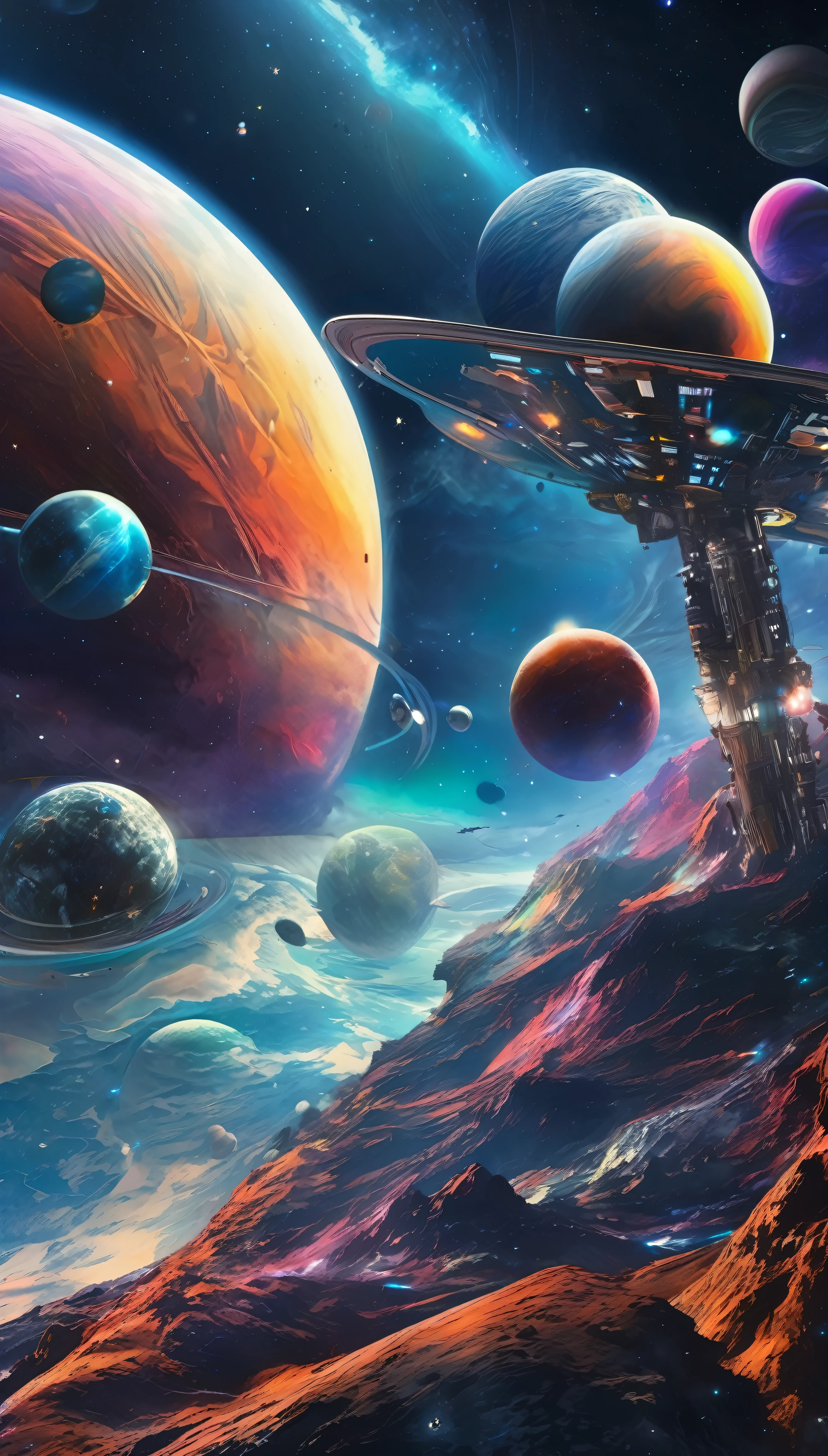 Realistic, spatial, futuristic, colorful outer space