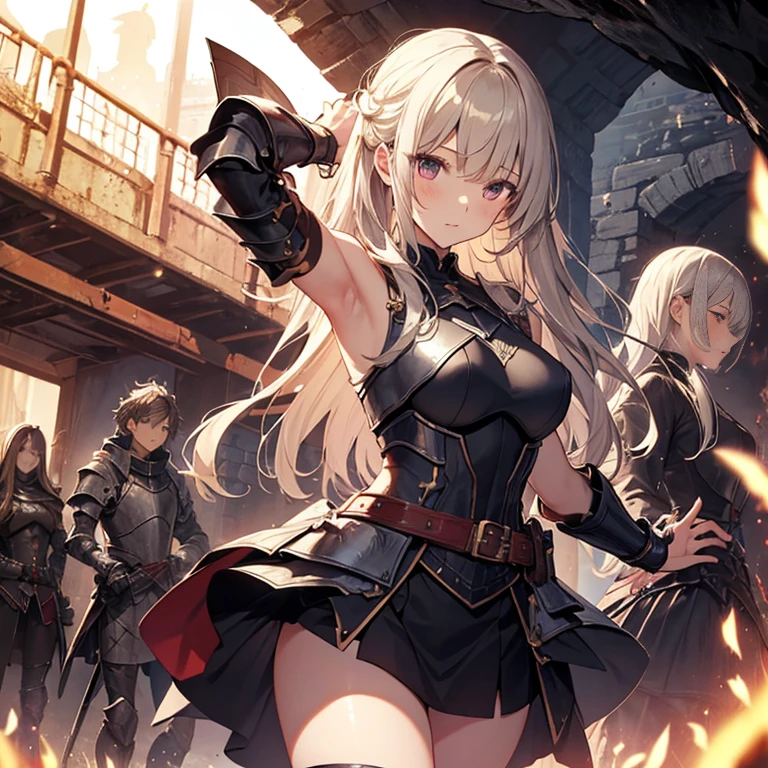 A group of young female knight, (inside dark cave), various hair styles, harem, wearing armored clothes, metal armor, night, details face, , short skirt, seducing, sword, sleeveless , showing armpits, erotic