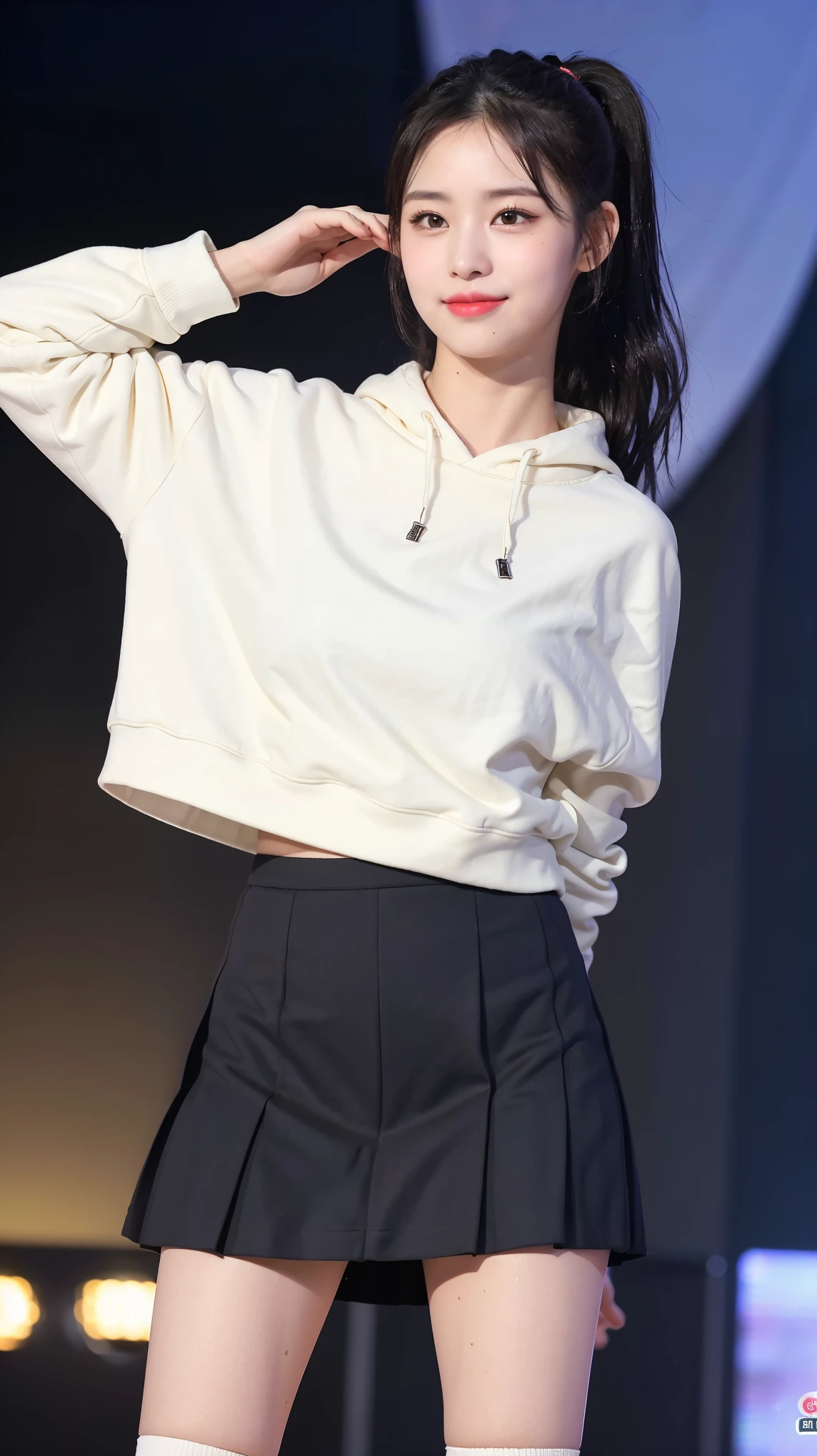 (8K), (highest quality: 1.2), (realistic), (realistic: 1.47), ultra high resolution, 1 girl, cute, smile, closed mouth, (thick lips:1.2),red lip,(Purse your mouth),beautiful details, beautiful nose,sweat on face,(Straight shiny black hair),(With a black ribbon on her head),(ponytail hair),Standing on the concert stage,hold the microphone in your right hand,Bend your elbows and raise your hands,(White oversized,Long length,sweatshirt:1.2),(Khaki brown pleated micro mini skirt:1.1),The length of the sweatshirt is long,(The skirt is half covered by the sweatshirt),(Close up on wet thighs:1.2),(knees),(black socks:1.1),(super low angle:1.2),(medium shot),