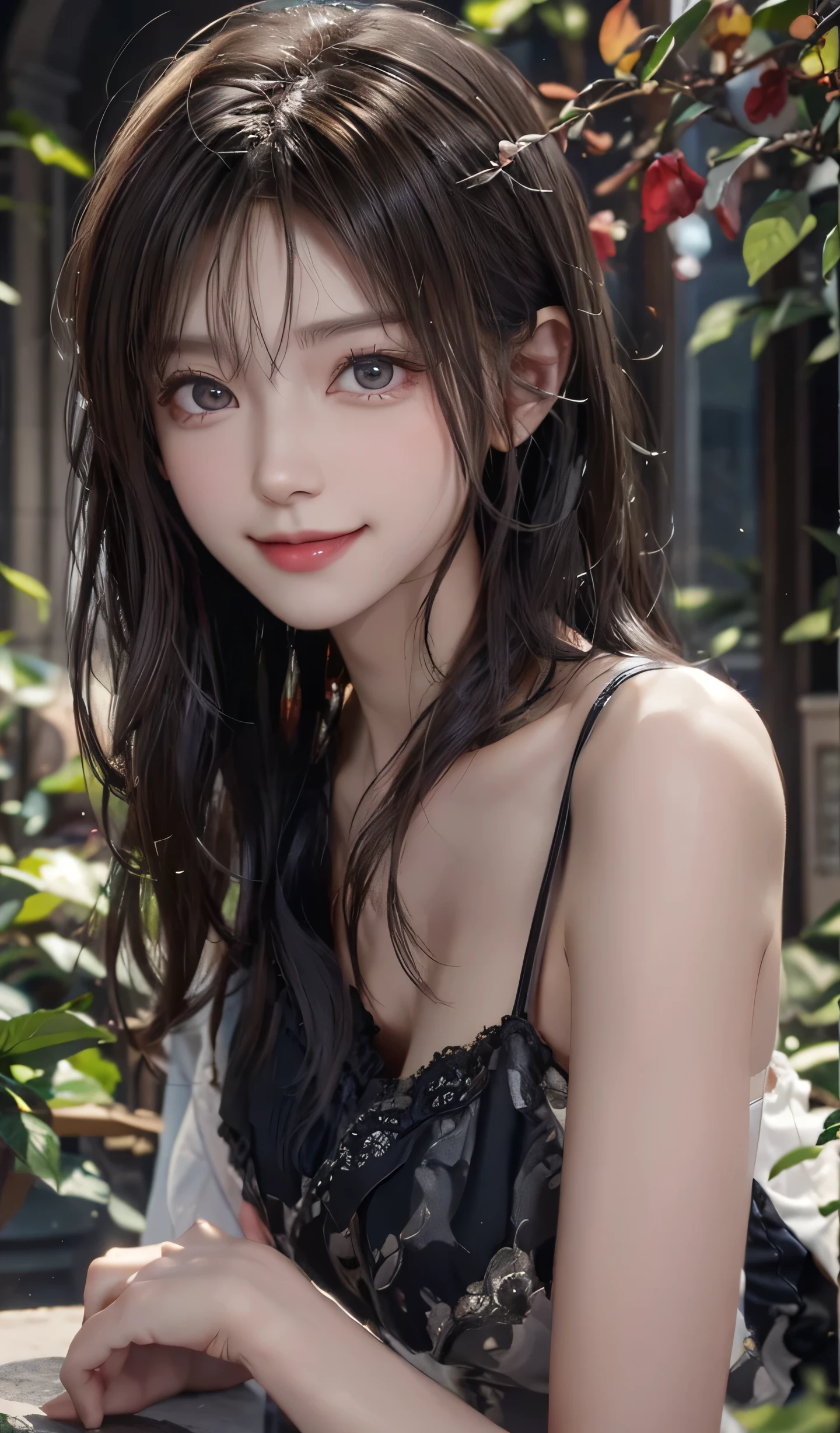 short hair、brown hair、woman posing for a photo, smile, Happy, long hair, straight hair, delicate skin, during the day, hot summer day, natural lighting, detailed face:1.2, sharp focus, Hasselblad Photos, masterpiece, light makeup, cinematic lighting, 4k, highest quality
