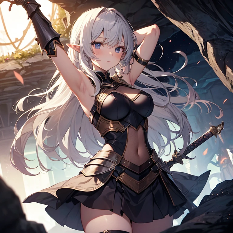 A group of  female knight, (in cave), various hair styles, harem, wearing armored clothes, metal armor, night, details face, , short skirt, seducing, sword, showing armpits, sleeveless, erotic