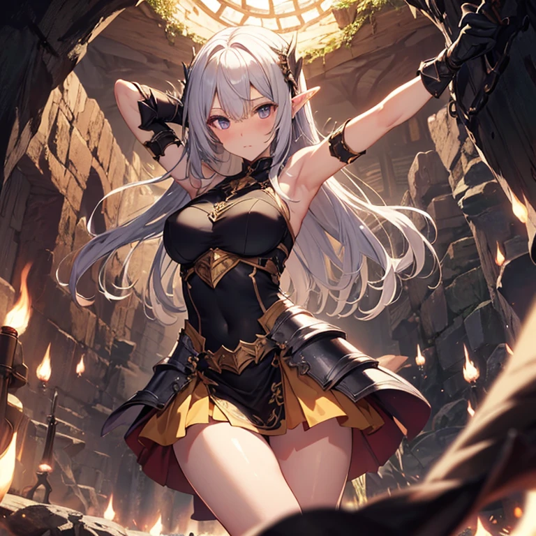 A group of elfin female knight, (inside dark cave), various hair styles, harem, wearing armored clothes, metal armor, night, details face, , short skirt, seducing, sword, sleeveless , showing armpits, erotic