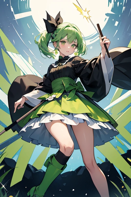 Like most characters, she has two black dot eyes. She resembles a small green lollipop with dark green legs. Her head is the actual candy part while the white stick protrudes from the top of her head. She wears a large light yellow bow where the stick starts to protrude from her head. The green color is the wrapper, slightly unwrapped at the bottom, letting out her legs and forming a kind of skirt. Right underneath her eyes is small, light grassy green blush. SPARKLE; GLITTER