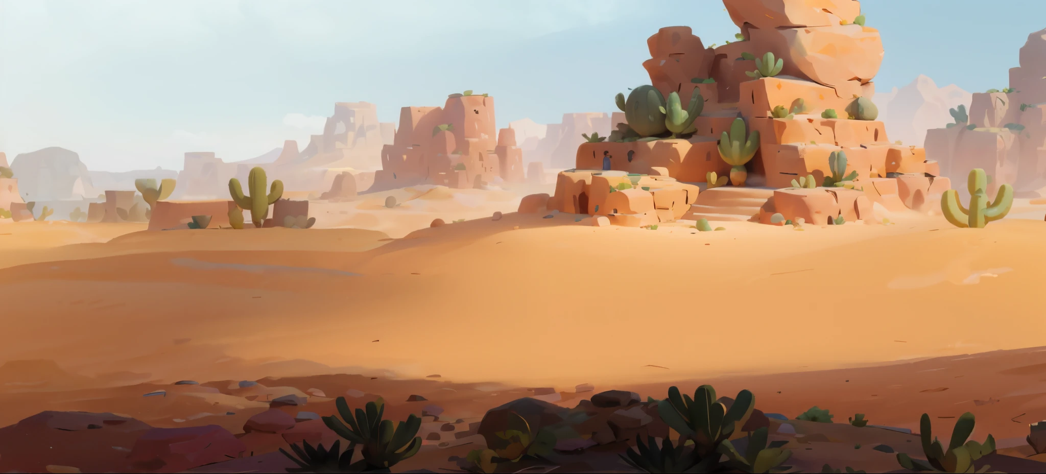 there is a desert scene with a cactus plant and rocks, background art, desert environment, background artwork, desert mesa, desert background, desert wasteland, desert scenery, desert landscape, stylized concept art, sand and desert environment, desert oasis background, canyon background, painted as a game concept art, somewhere in sands of the desert, desert lands, desert scene