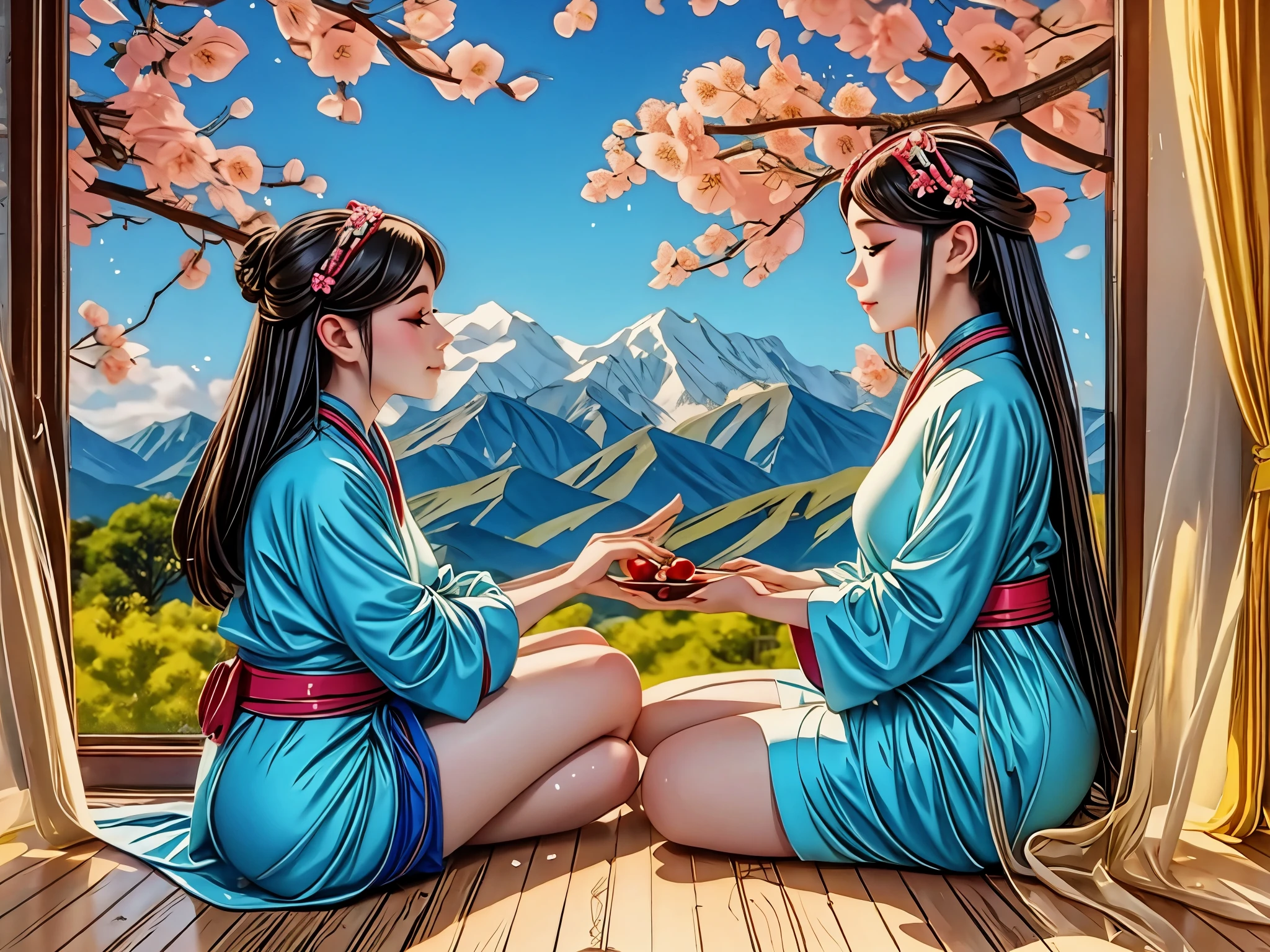 From the window of the mountain hut, you can see the lush green mountains and cherry blossoms in full bloom, the blue sky, white clouds, and the refreshing spring breeze coming into the room and shaking the curtains.  A girl sitting and viewing cherry blossoms