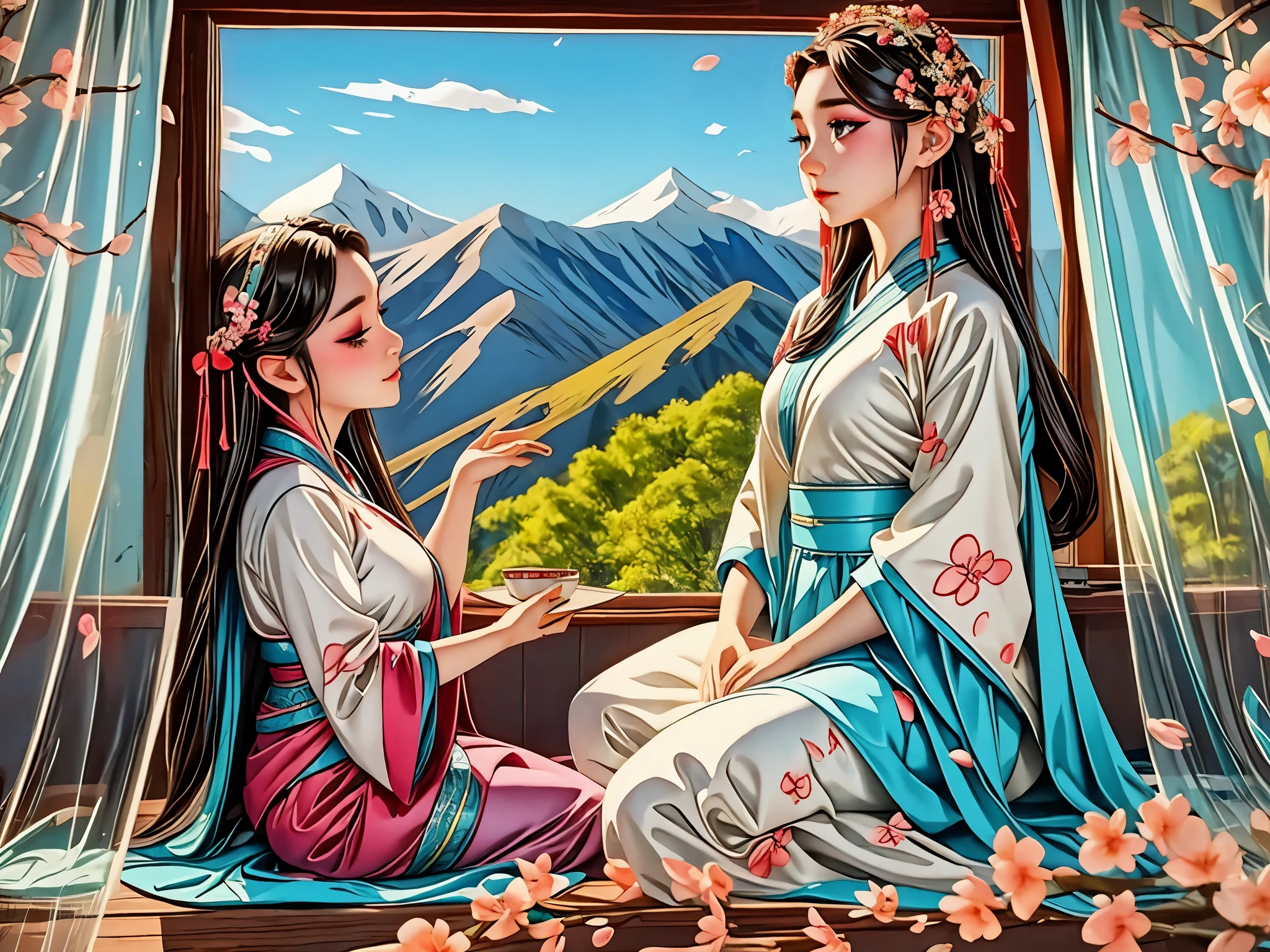 From the window of the mountain hut, you can see the lush green mountains and cherry blossoms in full bloom, the blue sky, white clouds, and the refreshing spring breeze coming into the room and shaking the curtains.  A girl sitting and viewing cherry blossoms