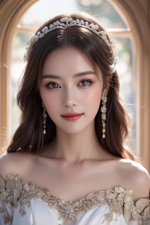 1 girl,alone,medium breasts,(full body photo:1.3),Luani 0261,off shoulder dress,pearl \(gem\),tiara,veil,Wedding dress,, fine eyes, (detailed face), (portrait), (Tilt your head up), 
(((The call of beauty, great art, 
amazing colors))) ,Professional Lighting 1.5、White background 1.5、 ((great scene)) ,(((realistic))) , (masterpiece, 最high quality), intricate details, realistic, photorealistic, perfect structure, masterpiece,, natural skin,fine skin pores (long hair), oily skin, Scattered beneath the surface, Taken with a movie camera, soft lighting, high quality, 最high quality, masterpiece, best photo, Lovely, amazing、Smiling at the window