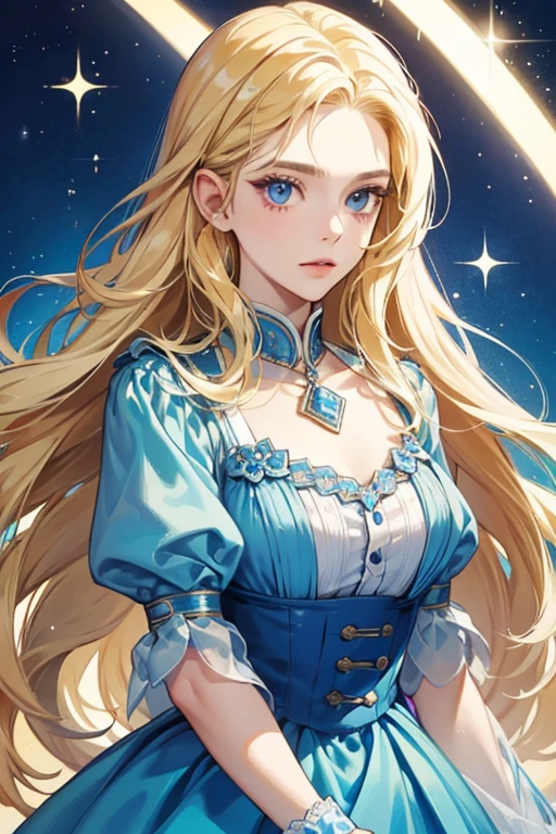 Greta has long blonde hair and doesn't wear a hat. She is seen wearing a blue outfit with a light blue collar. SPARKLE; GLITTER