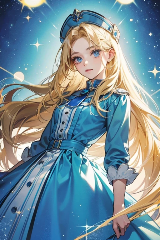 A beautiful, cute anime girl with long blonde hair wearing a white suit, emerging from a swirling vortex of blue water on a casino table. She has a determined and confident expression, holding a golden coin prominently to show its importance. She's surrounded by floating poker chips with numbers. Behind her, a majestic white phoenix-like creature with glowing blue wings spreads its wings. The background is a deep, rich blue, creating a magical atmosphere. Various casino elements like cards and chips are scattered around. The scene is illuminated by vibrant blue and yellow glows, emphasizing the dynamic nature of the image. The style is colorful and cartoonish, with sharp details and a glossy finish, conveying that possessing coins is key to success in this setting.