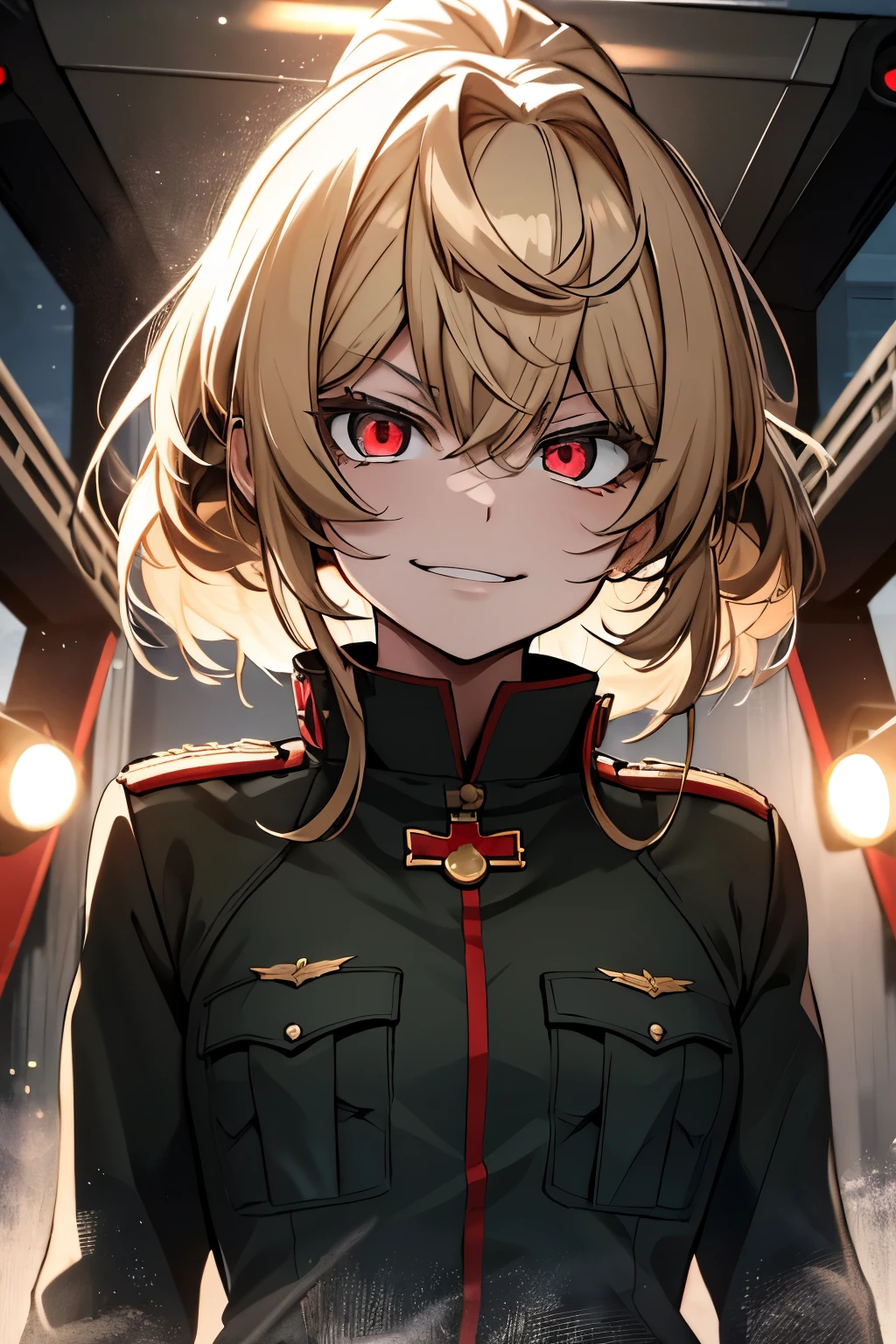 (masterpiece, best quality: 1.1), 1girl solo, tanya, 1girl, solo, , flat chest, small breasts, curvy, military, military uniform, ,, evil smile, wicked expression, anger, red eyes, neutral lighting